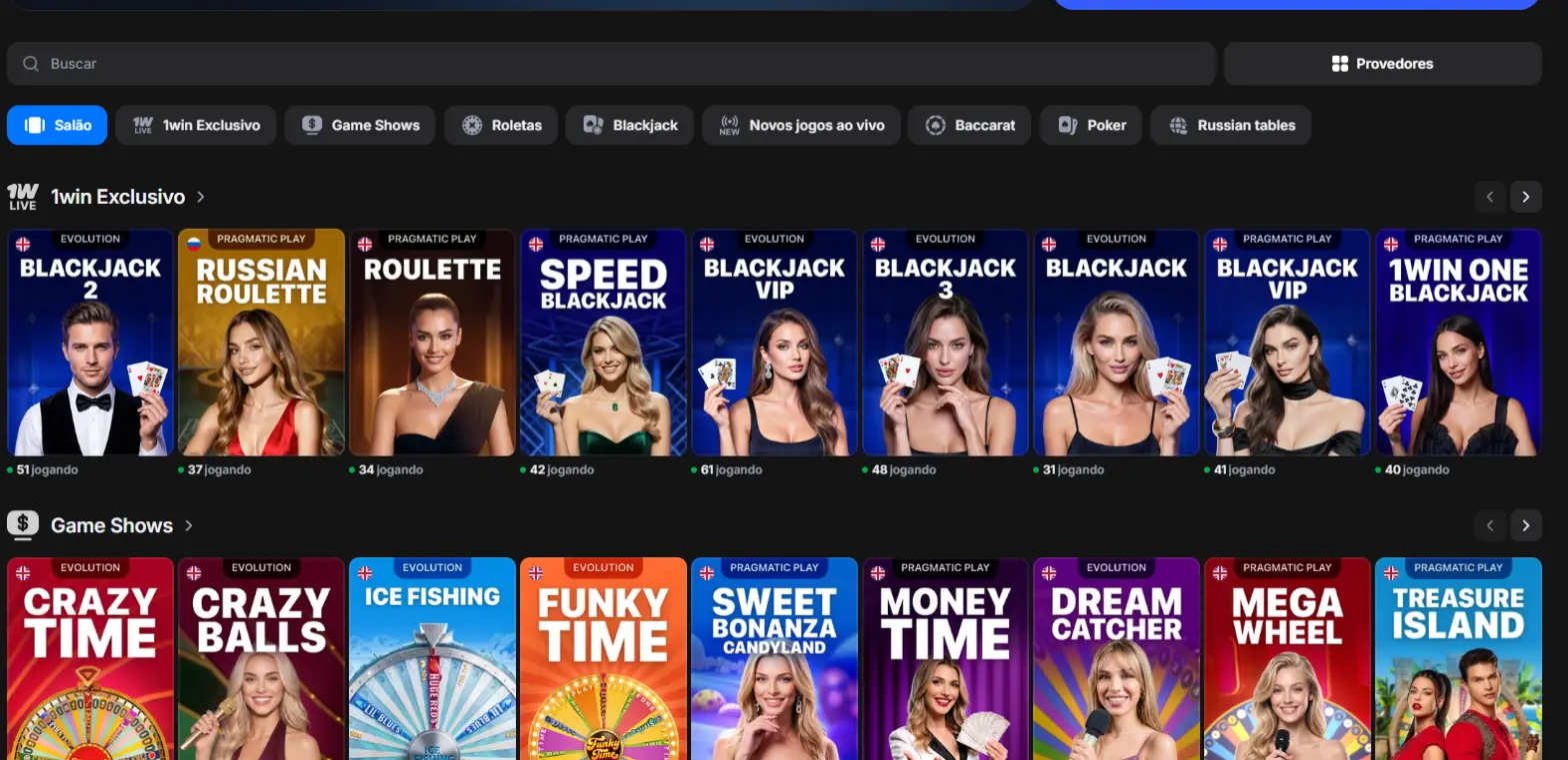 Cassino ao vivo e game shows com câmeras na 1Win